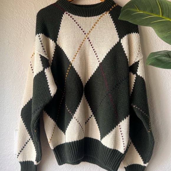 Vintage green and Cream Argyle Chunky Sweater size M ramie cotton, academia - Picture 1 of 4